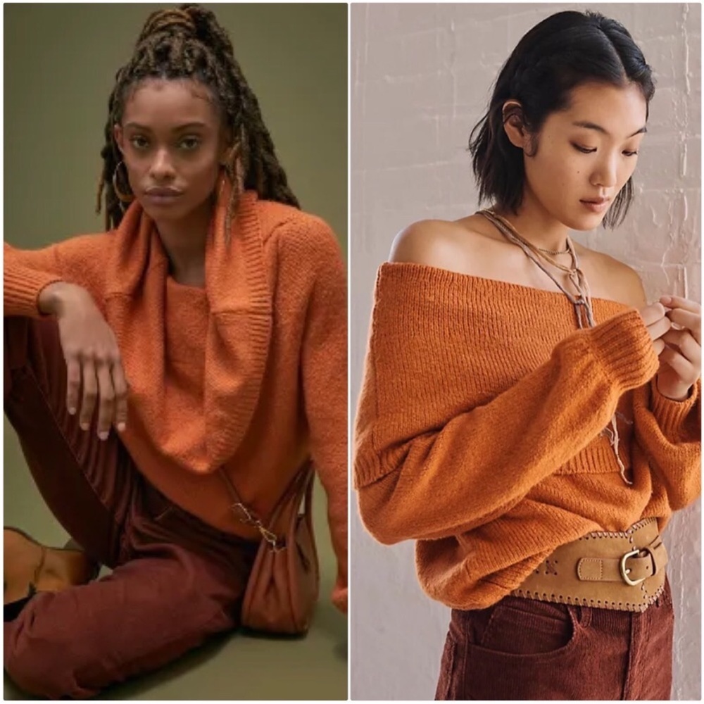 BOGO! Anthropologie Slouchy Off Shoulder Cowl Neck Sweater Burnt Orange Medium